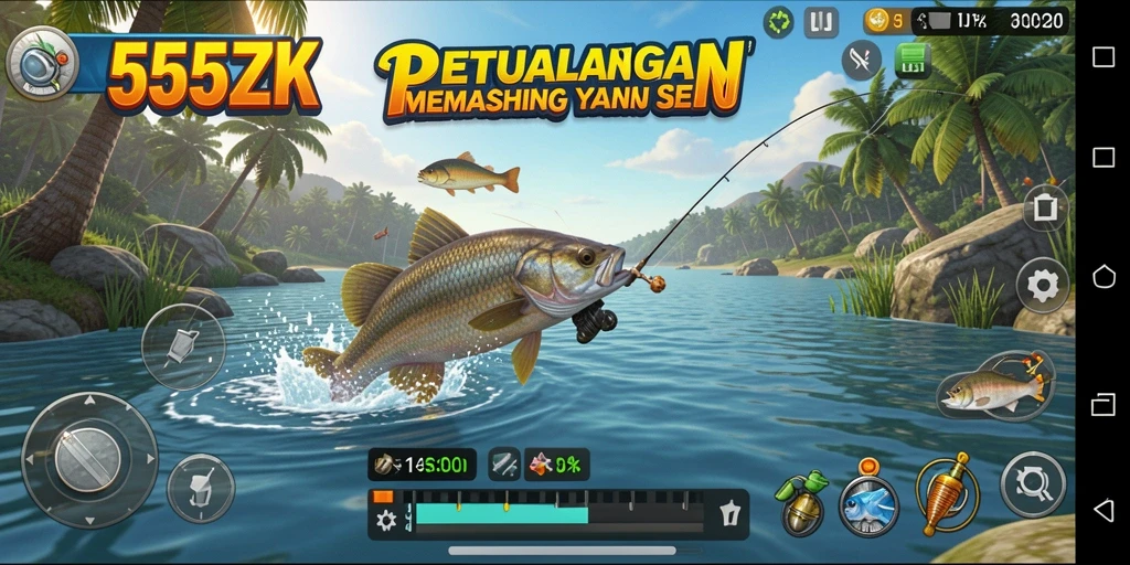 Tampilan gameplay 555ZK dengan aksi memancing yang seru.