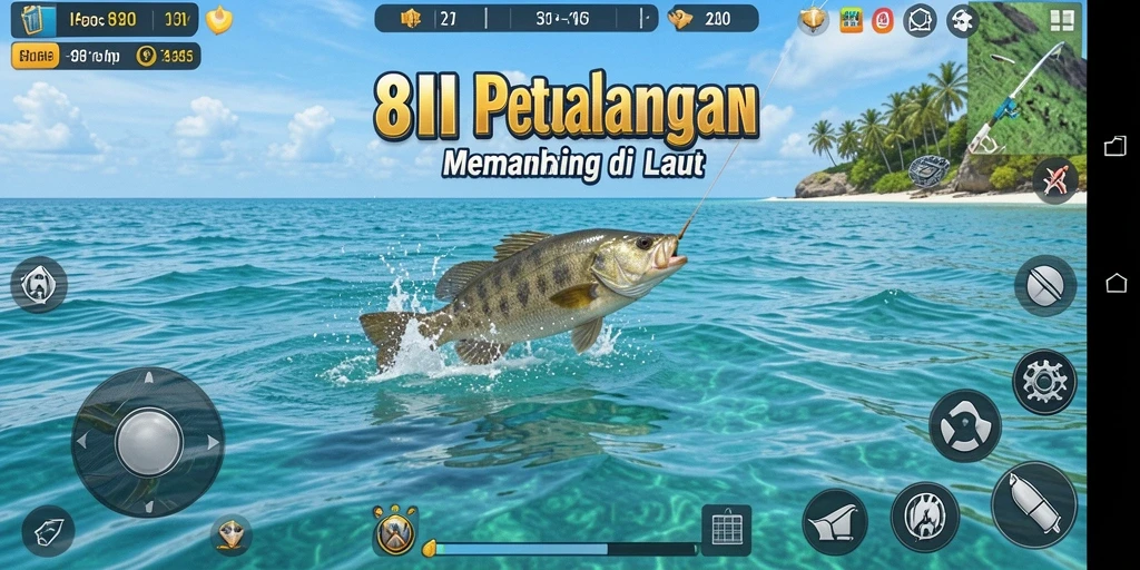 Tampilan gameplay <strong>8II</strong> saat menangkap ikan di laut yang tenang.
