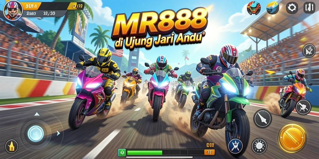 Screenshot gameplay MR888 menampilkan balapan yang mendebarkan di lintasan yang kompleks.