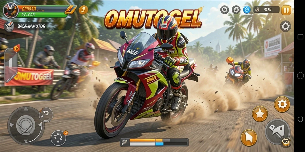 Tampilan screenshot OMUTOGEL menampilkan aksi balapan motor yang penuh semangat.